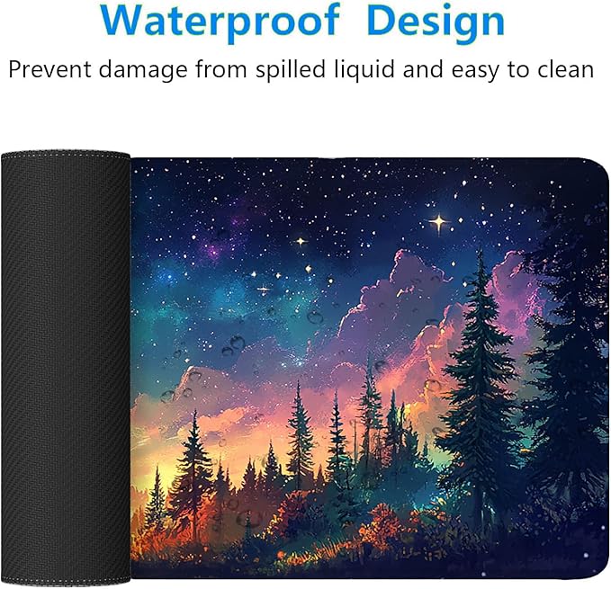 Moon Night Desk Pad Starry Sky Forest Landscape Fantasy Galaxy Extended Gaming Mouse Pad Mat with Stitched Edge Non-Slip Base Big Office Computer Keyboard Laptop Home 31.5"x11.8"
