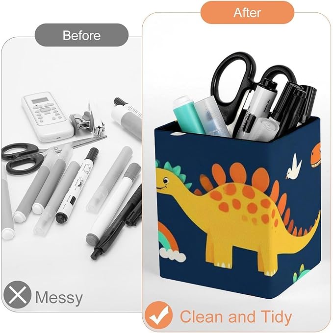 Pen Holder Square Leather Pencil, Holder Cup Makeup Brush Storage Organizer, Waterproof Multifunctional Office Supplies Dinosaur