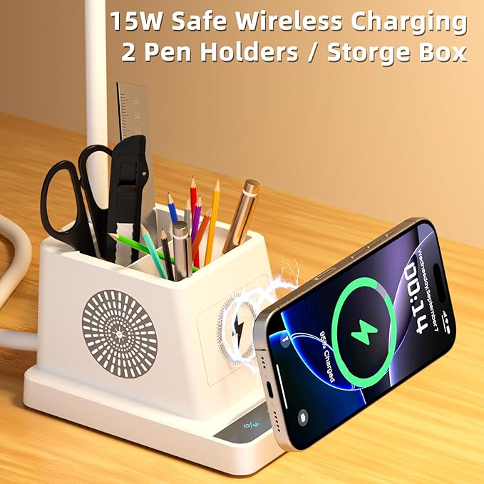 cozoo Desk Lamp, LED Desk Lamps for Home Office with 15W Wireless Charger/Organizer,Desk Lamp for College Dorm Eye-Caring Study Light,Gooseneck Table Lamp with Pen Holders/Storage,12 Lighting Modes