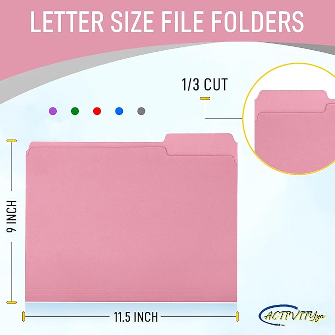 Pink File Folders, 1/3-Cut Tabs, Letter Size, 12-Pack – Durable Office Filing Folders for Documents, Papers, and Organization