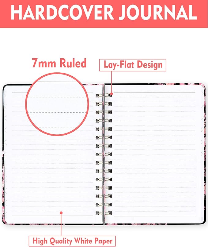 Spiral Journal Notebook for Women, Hardcover A5 College Ruled Notebook, 60 Sheet, Thick Paper, Cute Lined Journal for School, Office & Work, 6 x 8.4 in(Cherry Blossoms Spring)