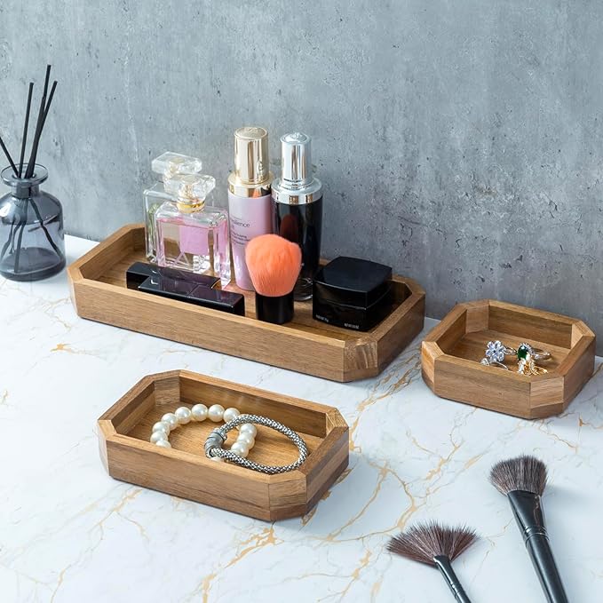 MyGift Premium Solid Acacia Wood Octagonal Desk Organizer Trays Office Stationery Holders, 3 pc Set