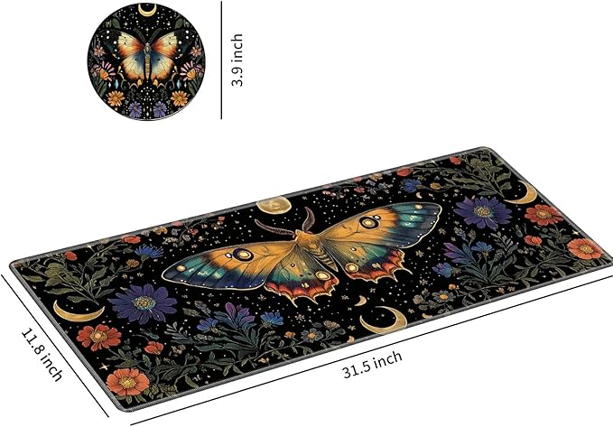 Desk Mat Large Gaming Mouse Pad (31.5x11.8 inch) with Stitched Edges, XL Mouse Pad +Coaster, Extended Mouse Mat Keybroad Mousepad Non-Slip Rubber for Gamer Men Women, Moth Moon Wild Flowers