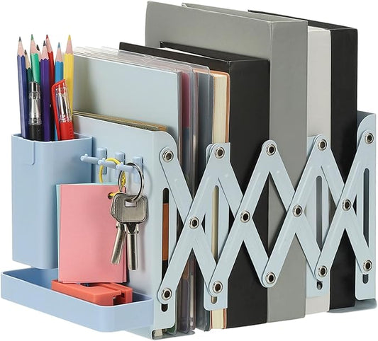 PATIKIL Adjustable Book Ends, 6.5" Tall Heavy Duty Metal Adjustable Bookends Book Holders Organizer with Removable Pen Holder Tray and 3 Hook-up for Heavy Books Desk Office Home, Blue