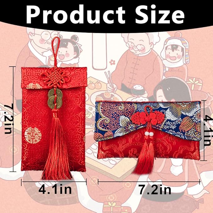 12 Pieces Silk Red Envelope Chinese Red Pocket Lucky Money Hong Bao Card Envelope for Spring Festival Wedding New Year Birthday, 12 Styles with Chinese Knot Jade Pendant Copper Coin