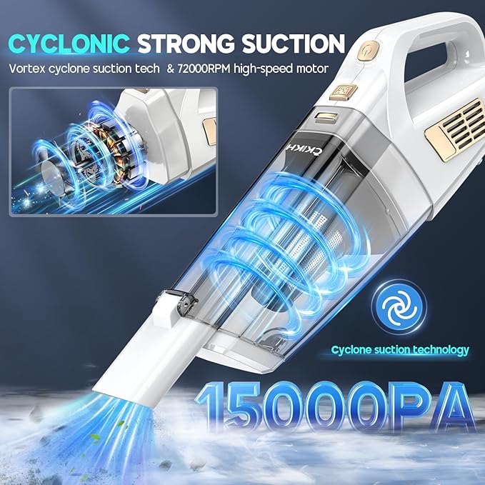 CKIKH Handheld Vacuum Cordless, 15000PA Strong Suction Hand Held Car Vacuum Cleaner Portable with Multi-Nozzles & Washable Filter, Lightweight Dust Busters Rechargeable for Home, Car, Office, Pets