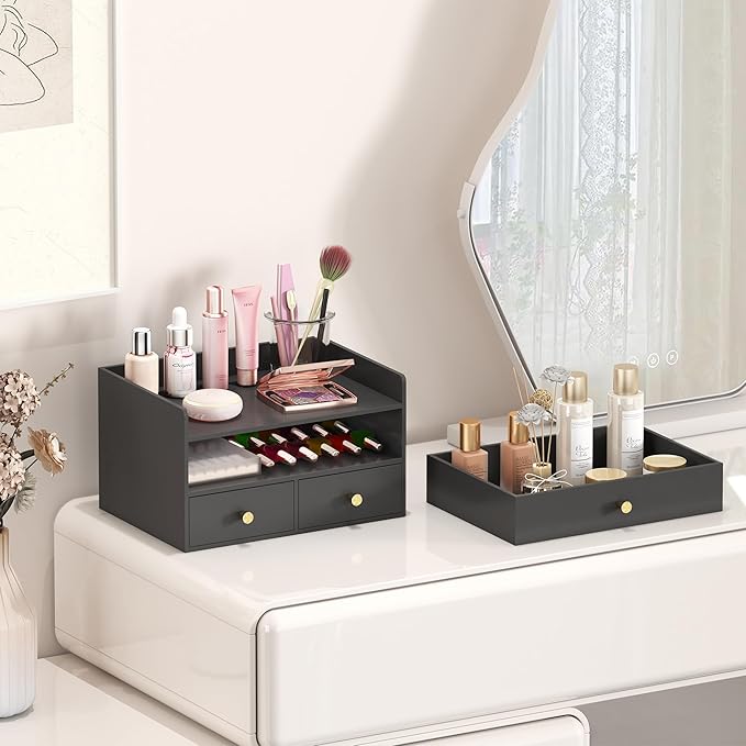 Bamboo Desk Organizer with Drawers Wooden Desktop Storage Drawers for Bills Office Supplies Kitchen Utensils Organizing Tool for Home Classroom Organization No Assembly (3 Drawers, Black)