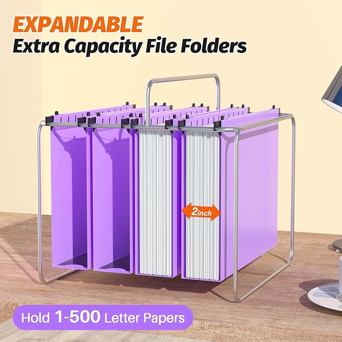 Extra Capacity Plastic Hanging File Folders,12 Pack Reinforced Hang Folders,Heavy Duty 2 Inch Expansion,Plastic Filing Cabinet Folders,Letter Size,Designed for Bulk Files, Medical Charts,Purple