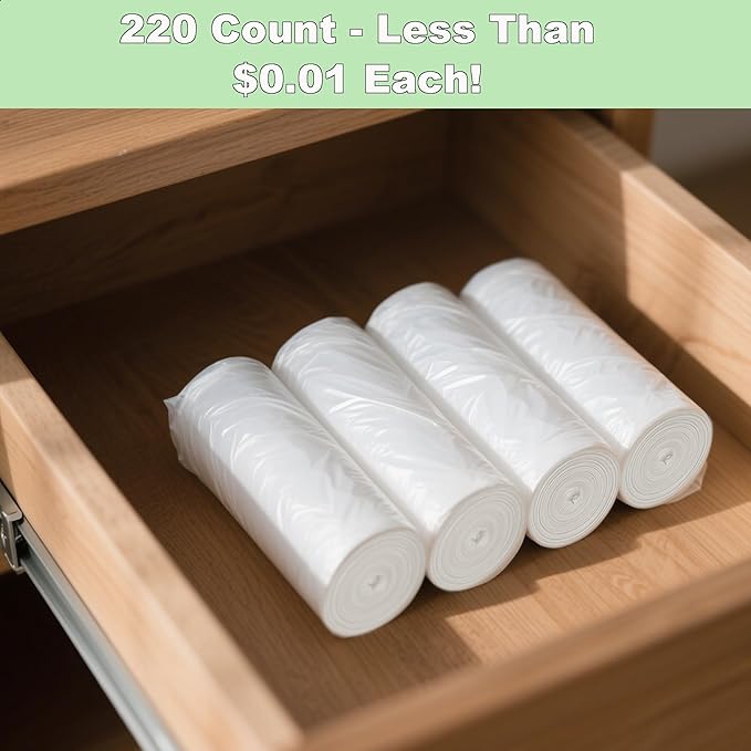 TECHSHARE 4 Gallon Small Trash Bags - 220 Count White HDPE Garbage Can Liners for Bathroom, Kitchen, Office - Strong Plastic Waste Basket Bags, Extra Value Bulk Pack for Everyday Use