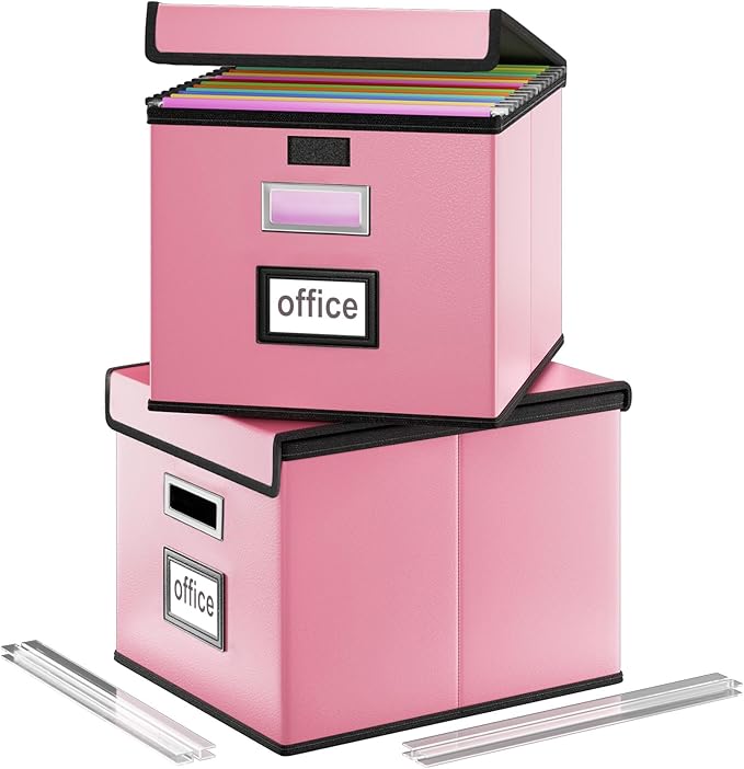 Huolewa Portable Leather File Organizer Storage Boxes, Collapsible File Folder Organizer Boxes with Lids, Document Organizer, Decorative Filing Box Cabinet for Letter/Legal File Folder Storage