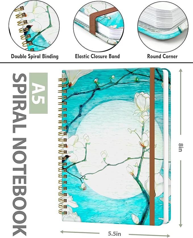 Spiral Journal Notebook for Women, Hardcover A5 College Ruled Notebook, 120 Pages, Thick Paper, Cute Lined Journal for School, Office & Work, 6 x 8.4 in(Cherry Blossom)