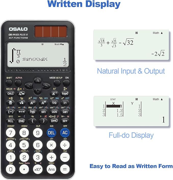 OSALO Scientific Calculator 417 Function 2 Line 10+2 Digits Written Display Solar and Battery Calculators for School College Students Secondary Black (OS 991ES Plus 2nd Edition)