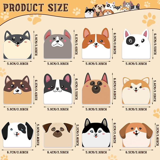 Yinder 24 Pads Cute Sticky Notes Kawaii Fun Animal Sticky Notes Pads Bulk Cartoon Memo Self Adhesive for Veterinary Gift Office School Tab Party Supplies(Dogs)