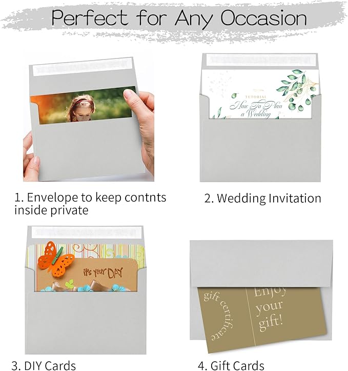 AZAZA 50 Pack 5x7 Envelopes - A7 (5.25x7.25in), Gray, Self-Seal, Perfect for Invitations, Weddings, Baby Showers