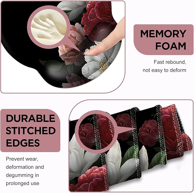 AIMSA Mouse Pad,Large Black Desk Mat, XXL Mousepad+Keyboard Wrist Rest+Ergonomic Mouse Wrist Rest+Coaster Set,4in1 Desk Pad for Home Office Table Computer-Vintage Flower