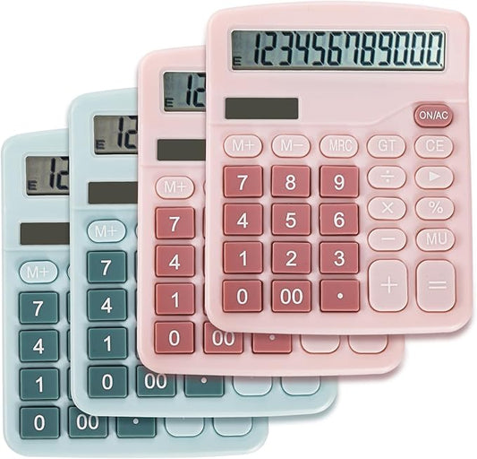 4 Pack Handheld Desktop Calculators, Solar Battery Dual Power Basic Calculator 12 Digit Large Display, Standard Functional Desk Calculator Big Sensitive Button for Office Home School Pink Blue