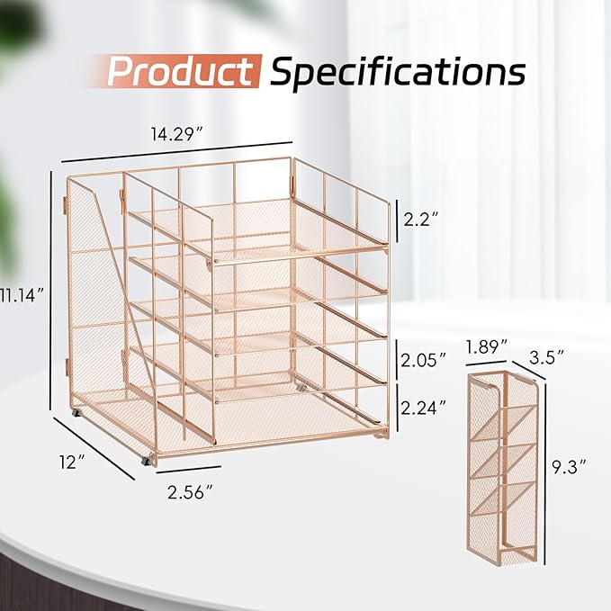 Desk Organizer with Magazine Holder, 5-Tier Paper Organizer for Desk with Pen Holder, Paper Letter Tray for Home, Office or School Supplies, Rose Gold