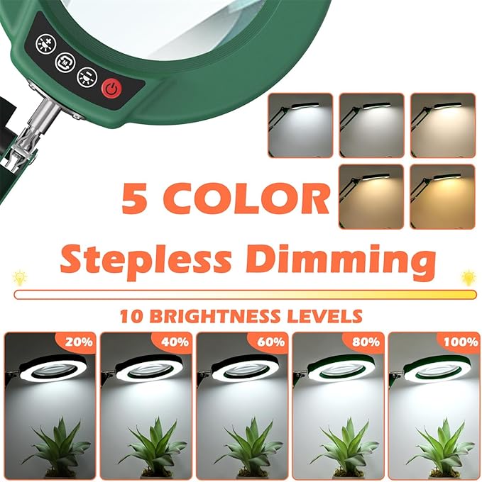 10X Magnifying Glass with Light and Stand, Real Glass Lens Desk Lamp, Lighted Magnifier with Light Stepless Dimming Hands Free for Craft, Reading, Painting, Sewing, Solder - Green