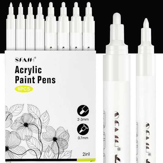 SFAIH Acrylic White Paint Pens - 8 Pack 2-3MM Medium Tip & 0.7MM Extra Fine Paint Marker for Rock Painting, Wood, Metal, Fabric, Plastic, Canvas, Glass, Ceramic, Diy Crafts, White Out Pen