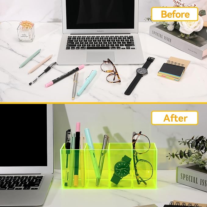 Pen Holder for Desk Neon Acrylic Pencil Holder Cup Makeup Brush Storage Organizer for Vanity, Neon Green