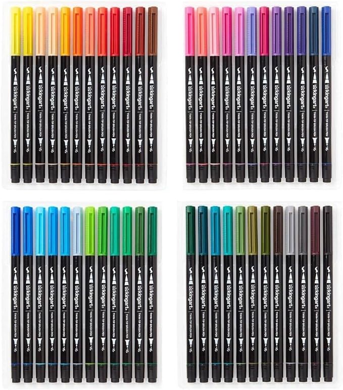 KINGART PRO Dual Twin-Tip Brush Pens, Set of 48 Unique & Vivid Colors, Watercolor Markers with Flexible Nylon Brush Tips, Professional Watercolor Pens for Painting, Drawing (445-48)