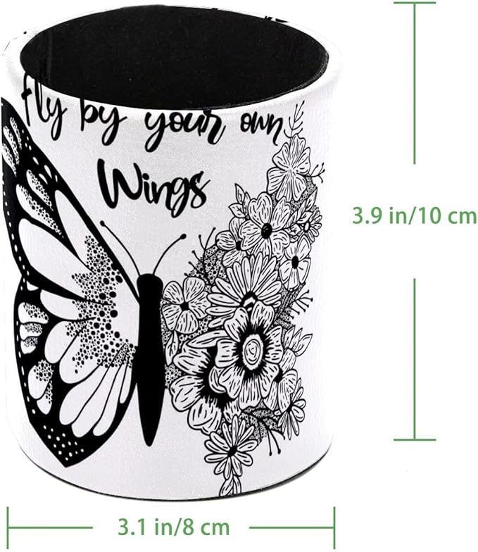 Black and White Butterfly Flowers Pen Holder, PVC Leather Pencil Holder for Desk, Pencil Cup Pot Desk Organizer and Accessories Makeup Brush Holder for Office, School, Home, Art Supply