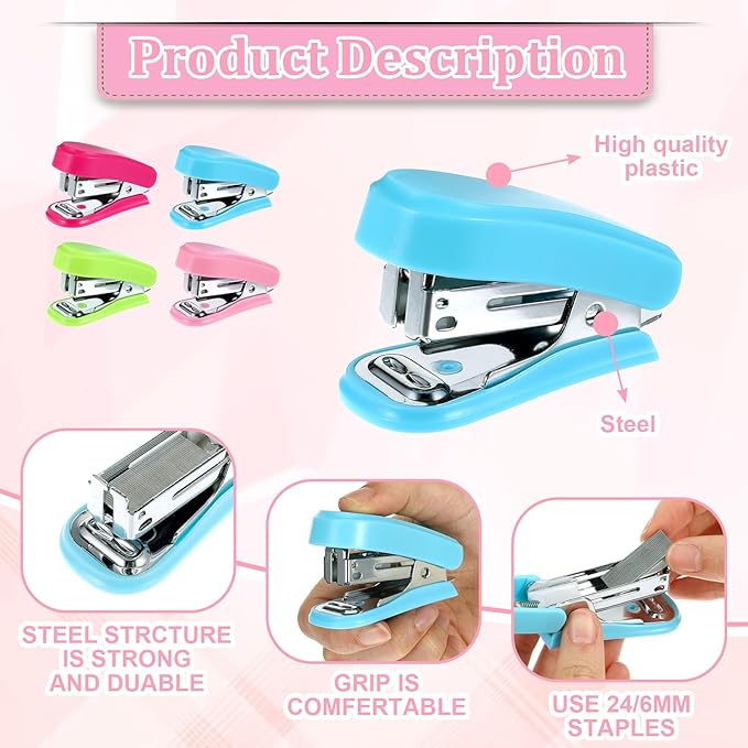 12 Pcs Mini Stapler with 12 Boxes Staple, Includes Built in Staple Remover, Desk Little Stapler for School Office Supplies (Blue, Green, Pink, Rose)