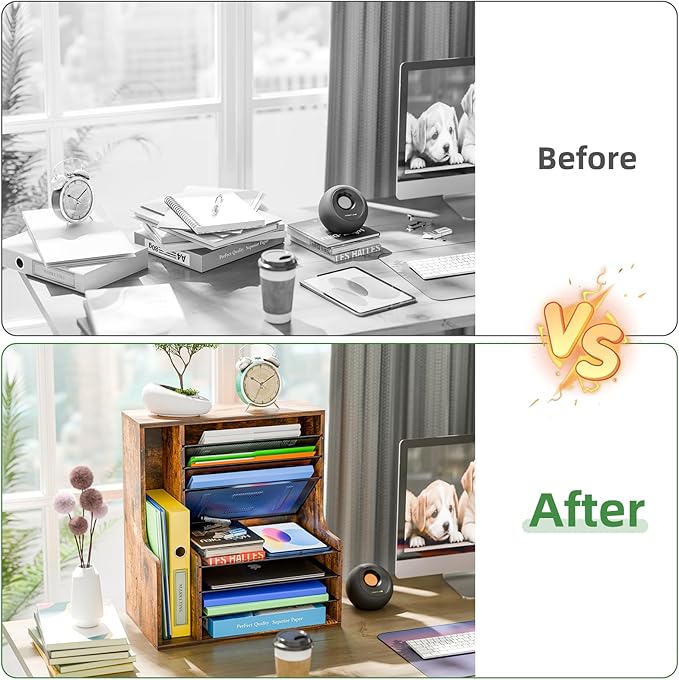 Simple Trending 7 Tier Desk File Organizer, Wooden Letter Tray Paper Organizer with Adjustable File Holder, Mesh Desktop Organizer and Storage for Office Supplies