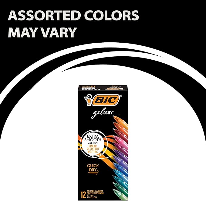 BIC Gelocity Quick Dry Gel Pens with Vivid colors and Smooth Writing, 0.7 mm Medium Point, 12-Count in Assorted Ink