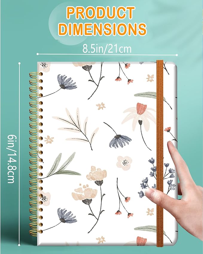 Ruled Spiral Writing Notebook,A5 Hardcover Lined College Journal for Women,Strong Twin-Wire Binding with Premium Paper,8.4" X 6",Perfect for School,Office,Home(Graceful Watercolor Flower)