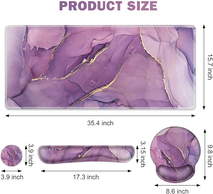 ToLuLu Desk Mat, XXL Large Mouse Pad Wrist Support Set，4 in1 Gaming Mousepad Desk Pad+ Ergonomic Mouse Pad with Wrist Rest + Keyboard Wrist Rest+Coaster for Women Home Office Computer, Purple Marble