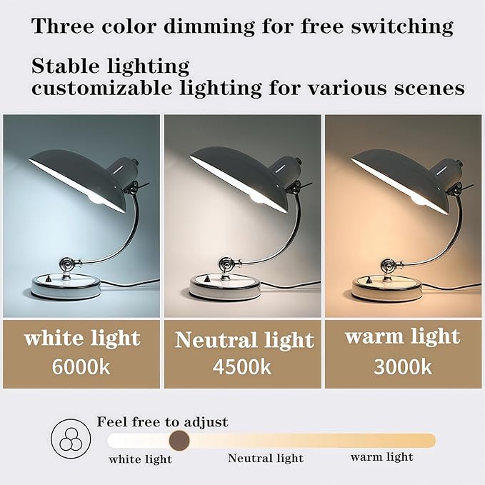 Industrial Vintage Metal Desk Lamp - Glossy Electroplated, Adjustable Arm & Shade, Button Switch - Perfect for Bedroom Nightstand/Office Study/Reading - Retro Table Lamp(White)