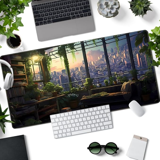 City Skyline Botanical Green Floral Desk Mat Study View from The Window Cute Office Decor Extra Large Mouse Pad Cute Desk Essentials Big Mouse Pad for Desk Pad Accessories Computer Mat 31.5x15.7 in