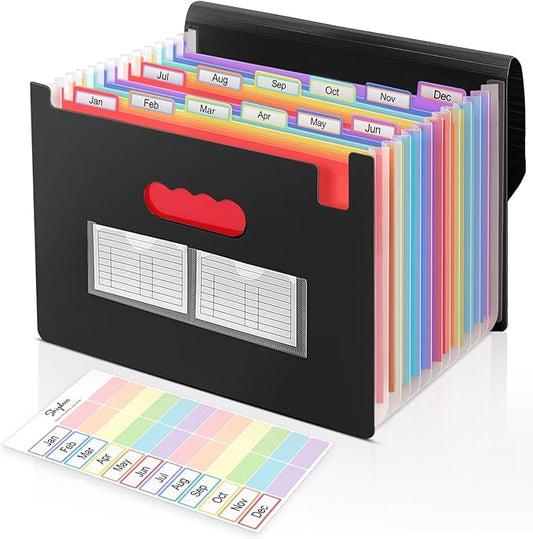 SKYDUE Accordion File Organizer, 13 Pocket File Folder Organizer with Colorful Tabs, Expanding Document Organizer for Letter A4 Size for Office School Use Black