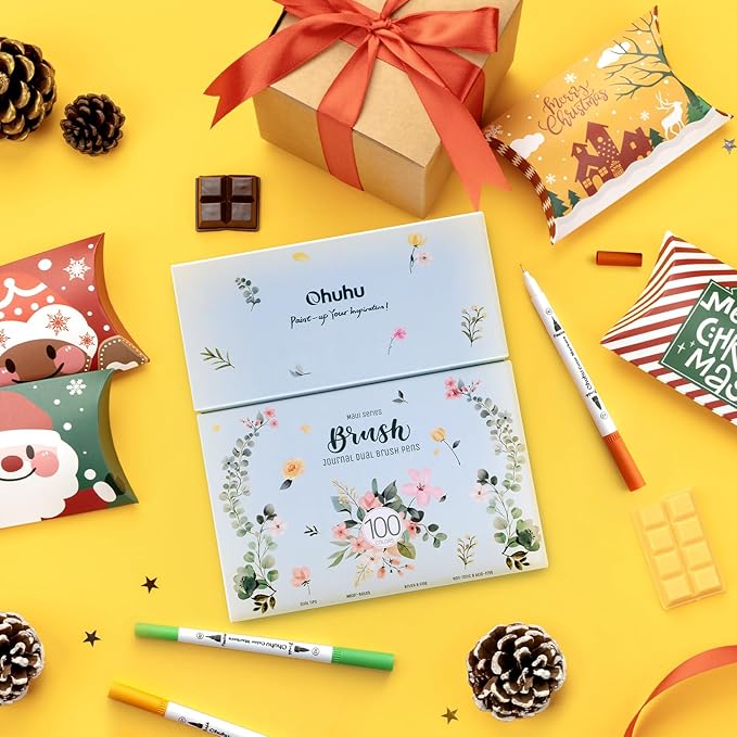 Ohuhu Markers for Adult Coloring Books No Bleeding 100 Colors Coloring Markers Water-based Dual Tips Fineliner & Brush Drawing Pens Art Pens for Kids Adults Sketch Journal - Maui - White