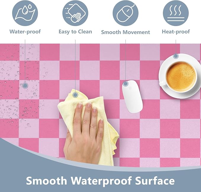 Mouse Pad Desk Mat Leather Desk Pad Large Gaming Desk Cover Protector Mat for Keyboard Computer Laptop Office Waterproof 47.2 x 23.6 Inch Checkered Pink