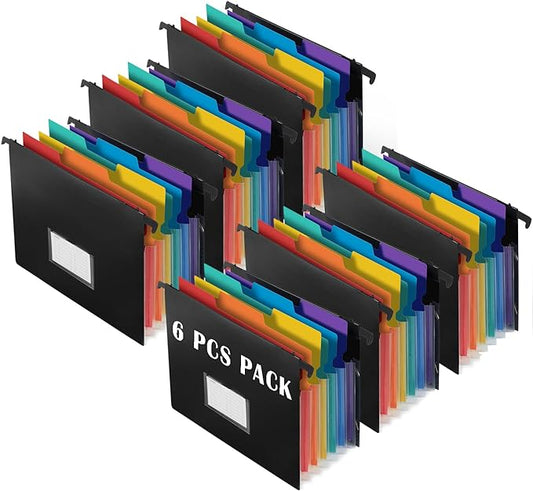TRANBO 7-Pockets Hanging File Folder with Retractable Hooks for Filing Cabinet, Letter Size Expandable Accordion File Organizer with Elastic Band for File Frame or On-The-Go Use (6 Pack)