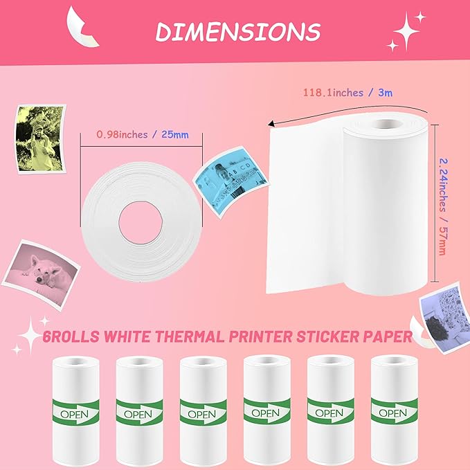 6 Rolls Mini Thermal Printer Sticker Paper, 57x25mm, High-Contrast Sticker Paper for Mini Pocket Printer, BPA-Free