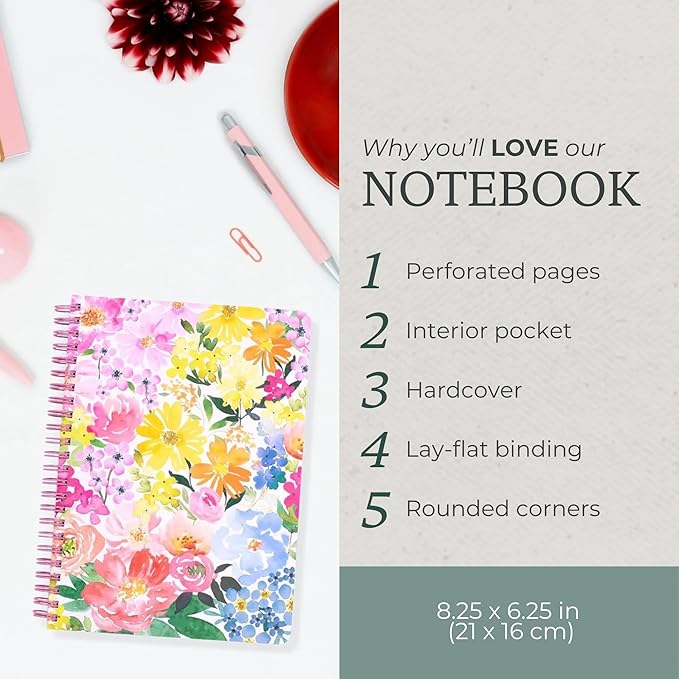 Steel Mill & Co Cute Floral Mini Spiral Notebook, 8.25" x 6.25" Journal with Durable Hardcover and 160 Lined Pages, Summer Garden