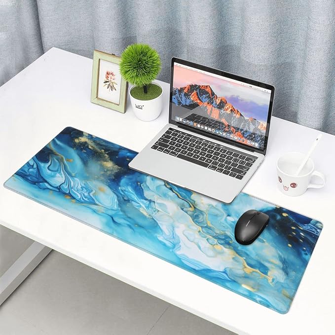 Desk Pad,Office Desk Mat 31.5"×11.8" Large Gaming Mouse Pad,Durable Extended Computer Mouse Pad,Waterproof Thick Big Mouse Pads with Non-Slip Rubber Base Office Home Blue Gold Marble