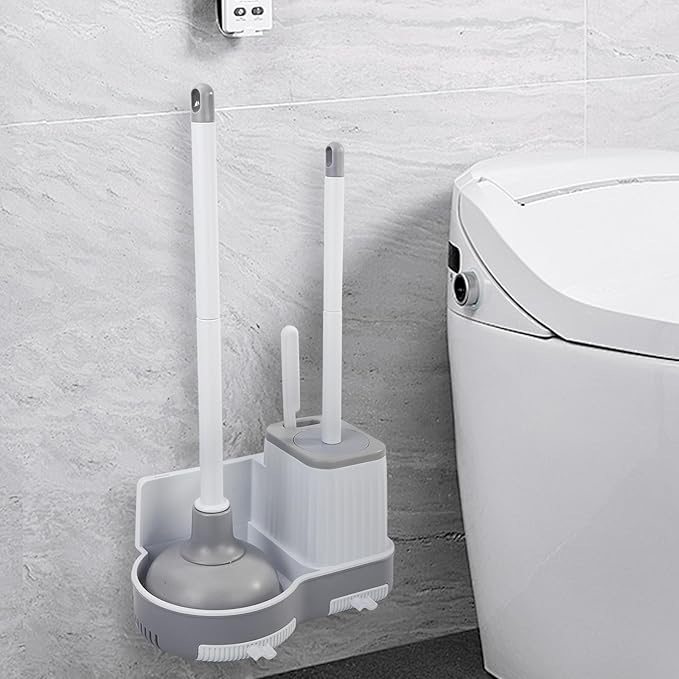 GENERIC Toilet Brush and Plunger Set, Integrated Storage 3-in-1 Toilet Brush and Plunger Combo with Gap Cleaning Brush, Bathroom Multi-Purpose Cleaning Set (White Gray)