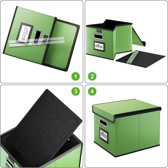 Huolewa File Organizer Box with Lid, Collapsible Faux Leather Document Organizer, Hanging File Folder Box with Plastic Slide, Decorative Filing Boxes Cabinet for File and Folders Storage(Green)