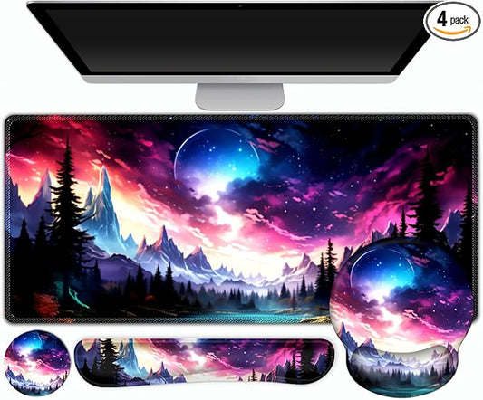 Gaming Mouse Pad, Large Desk Mat, Cute Desk Pad Protector, 4in1 XXL Mousepad + Keyboard Wrist Rest+Mouse Wrist Rest+Coaster Set with Ergonomic Desk Pad for Home Office Table Computer, Purple Hill