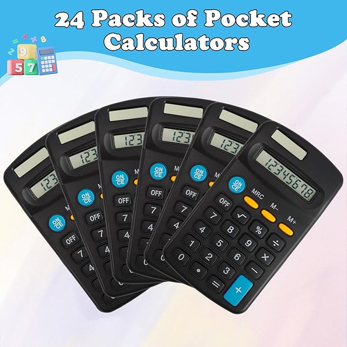 24 Pack Pocket Calculator,Mini Calculators,Pocket Size Basic Calculators,Solar Battery Dual Power Desktop Calculators,8 Digit Display Basic Calculator for Students Kids Home Office(Black)
