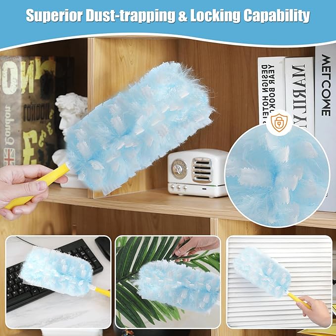 60 Count 360° Heavy Duty Duster Refills Compatible with Swiffer, Large Size-Extra Thick Disposable Electrostatic Duster Refill with 1 Short Handle for Furniture, Blinds, Ceiling Fans(Blue)
