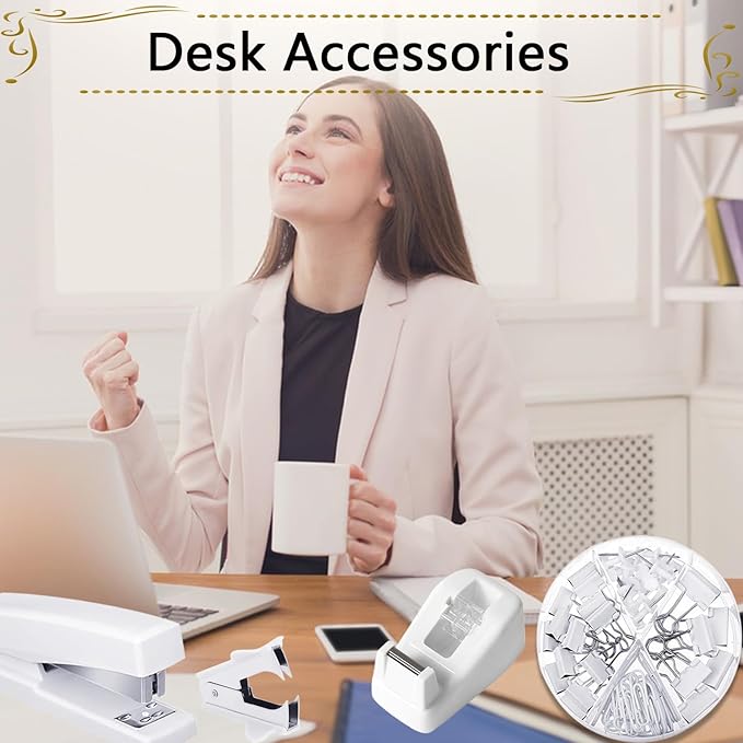 Office Supplies,Desk Accessories, Stapler and Tape Dispenser Set for Women with Stapler, Tape Dispenser, Staple Remover, Staples, Clips, Scissor and Tabs,Gift for Students, Coworkers