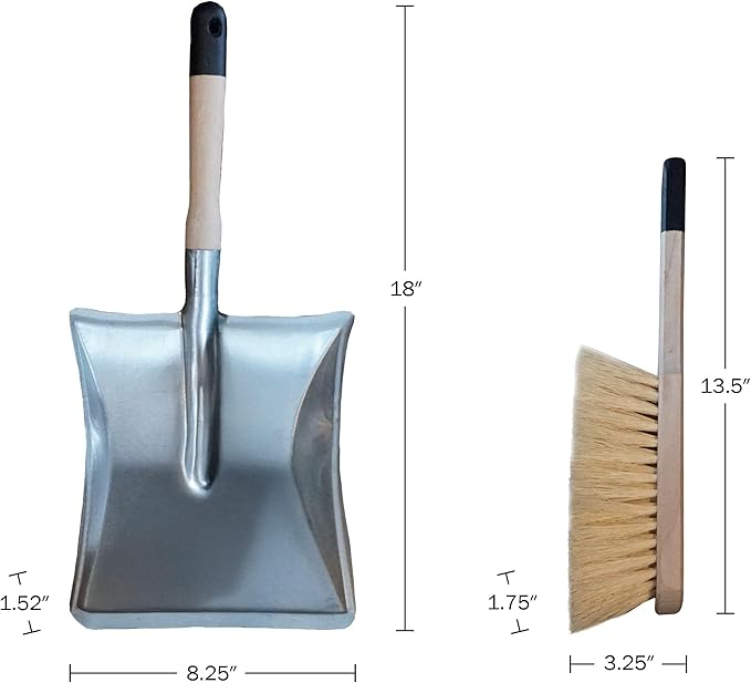 Fireplace Shovel and Hearth Brush Set - Ash Shovel Metal Dustpan and Chimney Sweep Brush Fireplace Tools with Wood Handles and Natural Fiber Bristles - Fireplace Tool Set by Kings County Tools