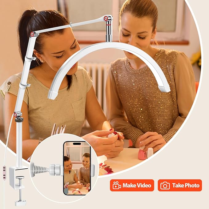 Professional LED Desk Lamp, Half Moon Light for Desk with Clip&Phone Holder, Esthetician Light with Adjustable 10-Level Dimming & 3 Color for Work,Office,Makeup,Nail Salon,Tattoo,Craft (White)