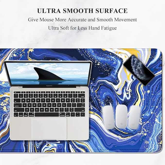 Auhoahsil Large Gaming Mouse Pad, Marble Theme XXL 35.4 x 15.7 in Desk Pad Stitched Non-Slip Rubber Long Computer Mousepad Thin Extended Full Size Desk Mat for Desktop Laptop Wireless Mice, Blue