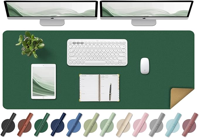 BLESWIN Large Desk Pad Mat 47.2"" x 17"", Office Desk Mat, Non-Slip PU Leather & Cork Desk Blotter for Keyboard and Mouse, Large Desk Mat, Large Mouse Pad for Office & Home(Dark Green)